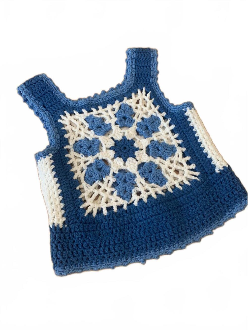 Vintage Handmade Crochet Blue and White Sleeveless Crop Top